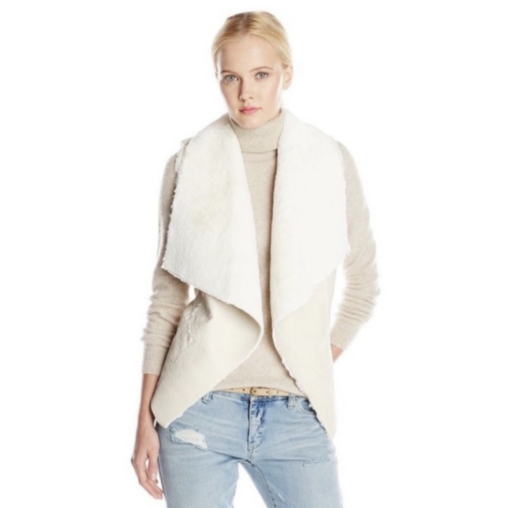 Blank NYC Drape Front Faux Shearling Vegan Leather Vest Ivory Beige